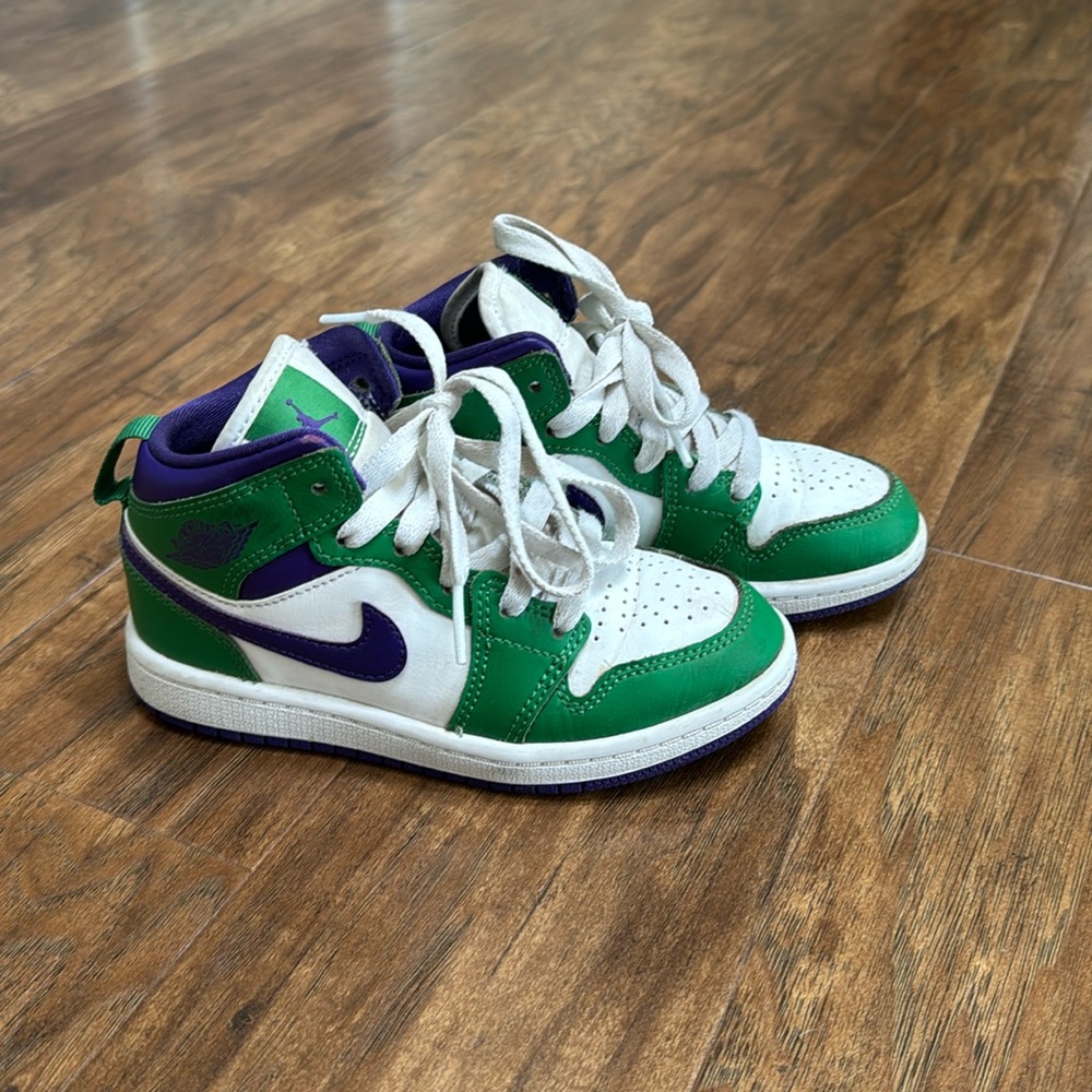 Kids Nike Air Jordans- White, green and purple